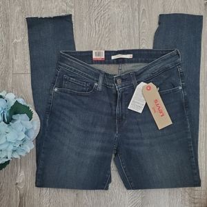 Levi's 711 Mid Rise Cotton Blend Frayed Hem Skinny Jeans Dark Wash Denim Large